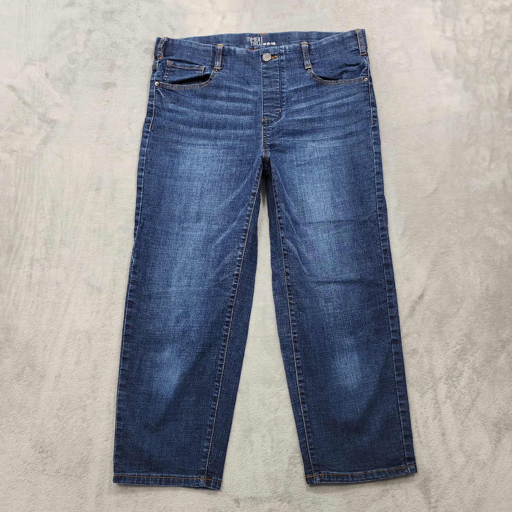 Time And Tru Jeans Womens M Blue Mid Rise Capri Crop Straight Stretch Denim